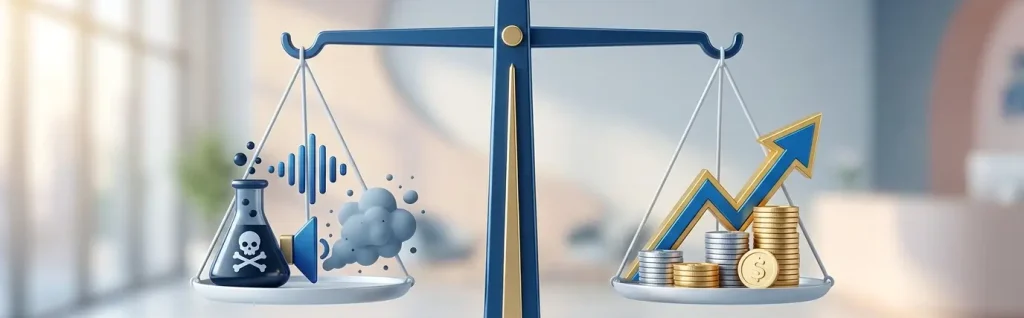 Uma imagem representando uma balança dos riscos aos funcionários e riscos financeiros. 